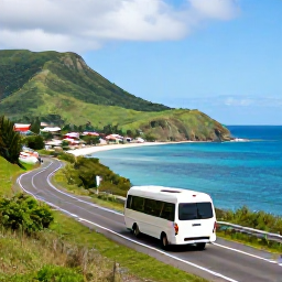 Caribbean Holidays, December Caribbean Tours, A scenic Caribbean island tour with a minibus travelling along a coastal road past green hills, a village and bright blue sea