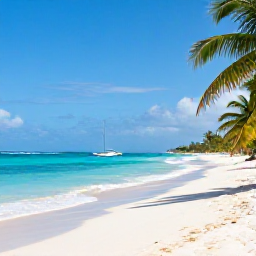 Caribbean Holidays, December Caribbean Tours, A sunny Caribbean beach in December with turquoise water, palm trees, white sand and a small boat offshore
