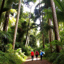 Caribbean Holidays, December Caribbean, Travellers enjoying a rainforest trail in Trinidad with tall tropical trees, birds and filtered sunlight