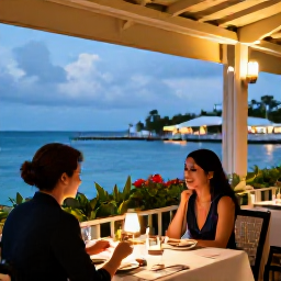 Caribbean Holidays, December Cayman Islands, Couple dining outdoors at a stylish waterfront restaurant in George Town, Grand Cayman, during a warm December evening