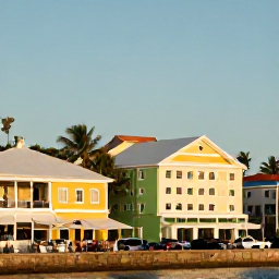 Caribbean Holidays, December City Breaks, Bustling Bridgetown waterfront in warm December sunshine, colourful buildings, palm trees and people enjoying a relaxed Caribbean city break