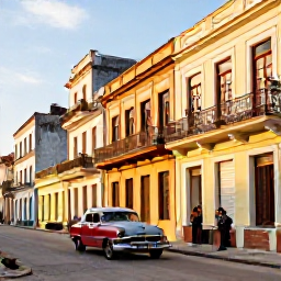 Caribbean Holidays, December City Breaks, Colourful Havana street with classic vintage cars, musicians, balconies and golden evening light