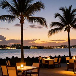 Caribbean Holidays, December City Breaks, Relaxed Caribbean evening with a waterfront restaurant, glowing sunset, palm trees and city lights beginning to appear
