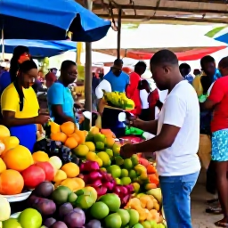 Caribbean Holidays, December Cooking Holidays, A colourful Caribbean market in December with fresh tropical fruit, spices, vegetables and friendly local shoppers