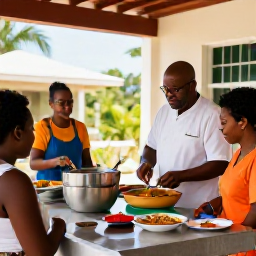 Caribbean Holidays, December Cooking Holidays, A local Caribbean chef teaching visitors to prepare a traditional festive dish in a bright open-air kitchen