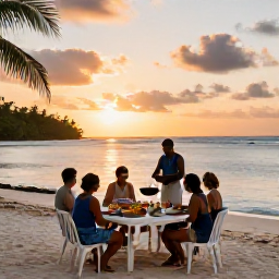 Caribbean Holidays, December Cooking Holidays, A peaceful Caribbean beach at sunset with a small cooking holiday group enjoying a casual outdoor meal