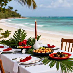 Caribbean Holidays, December Cooking Holidays, A relaxed Caribbean Christmas table outdoors near the sea, decorated simply with tropical foliage and colourful local dishes