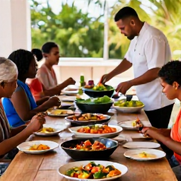 Caribbean Holidays, December Cooking Holidays, A relaxed outdoor Cura&ccedil;ao cooking class with a local chef, colourful ingredients, wooden tables and guests preparing Caribbean dishes