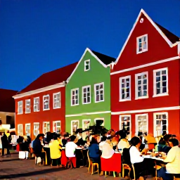 Caribbean Holidays, December Cooking Holidays, Colourful evening scene in Willemstad, Cura&ccedil;ao, with diners enjoying local food near historic Dutch Caribbean buildings