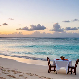 Caribbean Holidays, December Cooking Holidays, Cura&ccedil;ao beach at sunset in December, with calm turquoise water, pale sand and a small table set for an island meal