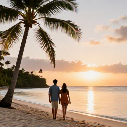 Caribbean Holidays, December Couples, A relaxed couple walking along a palm-fringed beach in Tobago at sunset, warm Caribbean light and calm sea