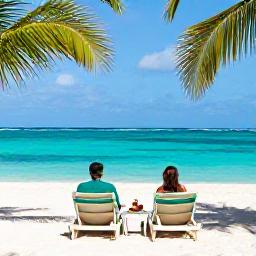 Caribbean Holidays, December Couples, Bright turquoise sea and soft white sand at Orient Bay, with sun loungers and palm trees
