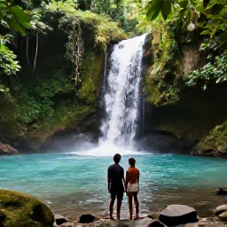 Caribbean Holidays, December Couples, Couple exploring lush rainforest and a small waterfall in Tobago, tropical greenery and a clear woodland pool