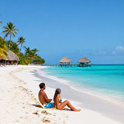 Caribbean Holidays, December Couples, Couple relaxing on Pigeon Point beach in Tobago, turquoise water, white sand, palm trees and a thatched jetty