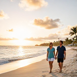 Caribbean Holidays, December Couples, Couple walking hand in hand along a quiet Caribbean beach at sunset on Saint Martin
