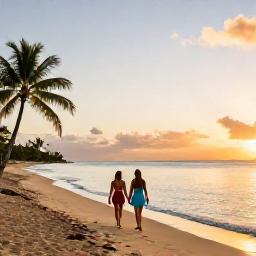 Caribbean Holidays, December Couples Holidays, A couple walking hand in hand along a quiet golden beach in Saint Kitts at sunset, with calm Caribbean water and palm trees