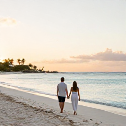 Caribbean Holidays, December Couples Holidays, A couple walking hand in hand along a quiet white-sand beach in Saint Barth&eacute;lemy at sunset, warm December light and calm turquoise sea