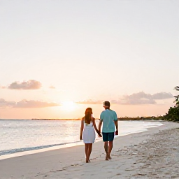 Caribbean Holidays, December Couples Holidays, A couple walking hand in hand along a quiet white-sand beach in Turks and Caicos at sunset