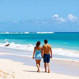 Caribbean Holidays, December Couples Holidays, A relaxed couple walking along a sunlit Barbados beach in December, turquoise sea, golden sand and gentle trade winds