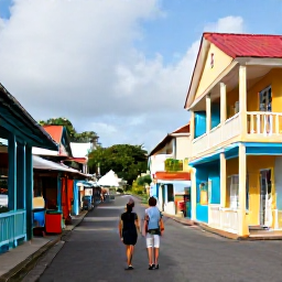 Caribbean Holidays, December Couples Holidays, Colourful Basseterre street in December with historic buildings, local shops and a couple exploring the town