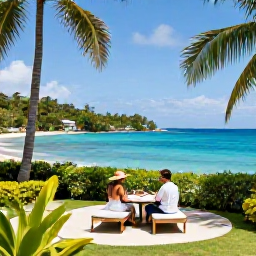 Caribbean Holidays, December Couples Holidays, Couple enjoying a quiet beachfront resort terrace in Saint Vincent and the Grenadines, tropical garden and sea view