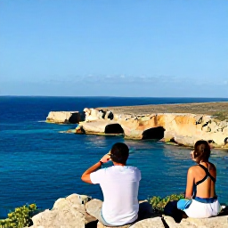Caribbean Holidays, December Couples Holidays, Couple enjoying a scenic coastal viewpoint in Cura&ccedil;ao, rugged coastline, blue sea and bright December sunshine