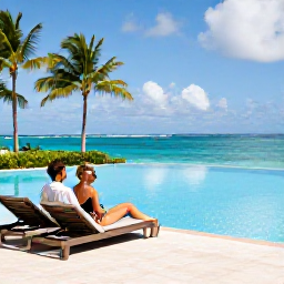 Caribbean Holidays, December Couples Holidays, Couple relaxing beside a stylish tropical resort pool in Saint Kitts, with palm trees and Caribbean sea beyond