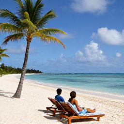 Caribbean Holidays, December Couples Holidays, Couple relaxing on a quiet Caribbean beach near Bridgetown, Barbados, with sun loungers, palm trees and calm blue water