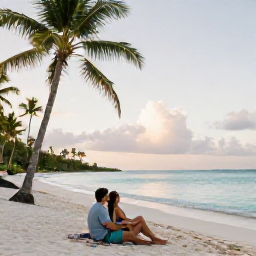 Caribbean Holidays, December Couples Holidays, Couple relaxing on a secluded sandy beach in the Grenadines, palm trees, turquoise sea and soft December sunlight
