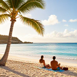 Caribbean Holidays, December Couples Holidays, Couple relaxing on a secluded tropical beach in Saint Barth&eacute;lemy, turquoise water, palms and golden morning sunshine