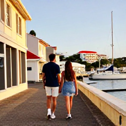 Caribbean Holidays, December Couples Holidays, Couple strolling through Gustavia, Saint Barth&eacute;lemy, beside colourful buildings, harbour yachts and elegant boutiques in warm afternoon light