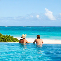 Caribbean Holidays, December Couples Holidays, Happy couple relaxing at a luxury resort pool overlooking the Caribbean Sea in Turks and Caicos