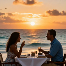 Caribbean Holidays, December Couples Holidays, Romantic beachfront restaurant in Barbados at sunset, couple dining by candlelight with the sea behind them