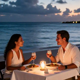 Caribbean Holidays, December Couples Holidays, Romantic open-air Caribbean restaurant at dusk, couple dining by the sea with candles and local dishes