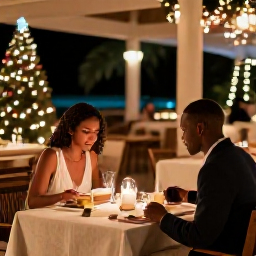 Caribbean Holidays, December Couples Holidays, Romantic open-air Caribbean restaurant in Saint Kitts decorated for Christmas, with a couple enjoying dinner by candlelight