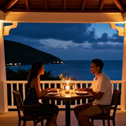 Caribbean Holidays, December Couples Holidays, Romantic open-air dinner for two at a stylish Saint Barth&eacute;lemy restaurant, candlelight, Caribbean evening and elegant local setting