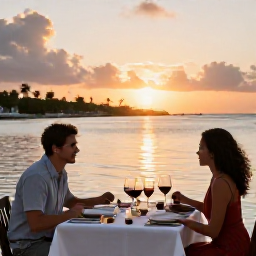 Caribbean Holidays, December Couples Holidays, Romantic outdoor dinner for two at a Cura&ccedil;ao waterfront restaurant, sunset light and Caribbean surroundings