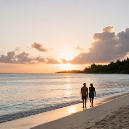 Caribbean Holidays, December Couples Holidays, Romantic sunset over a quiet Caribbean beach on Saint Vincent and the Grenadines, couple walking beside calm turquoise water