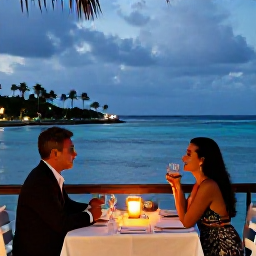 Caribbean Holidays, December Couples, Romantic waterfront restaurant in Grand Case at dusk, with tables, candles and Caribbean sea views