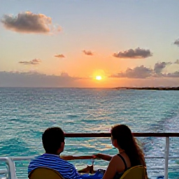 Caribbean Holidays, December Cruises, A Caribbean cruise deck with travellers enjoying a sunset over the turquoise Turks and Caicos sea, with gentle waves and warm December light