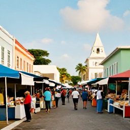 Caribbean Holidays, December Cruises, A colourful Caribbean market street with local stalls, historic buildings, palm trees and visitors exploring in warm sunshine