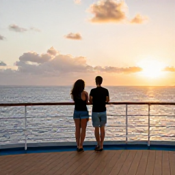 Caribbean Holidays, December Cruises, A couple looking across a Caribbean sunset from the deck of a cruise ship, with warm evening light over the sea
