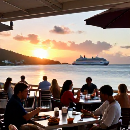 Caribbean Holidays, December Cruises, A lively waterfront restaurant in the United States Virgin Islands at sunset, with outdoor tables, local food and a cruise ship in the distance