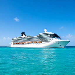 Caribbean Holidays, December Cruises, A modern cruise ship sailing through clear turquoise Caribbean water beneath a bright blue sky, viewed from the deck