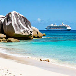 Caribbean Holidays, December Cruises, A small boat approaching The Baths on Virgin Gorda, with huge granite boulders, sandy beach and clear blue sea