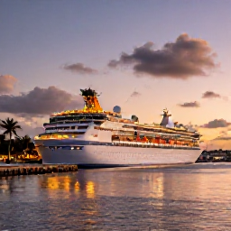 Caribbean Holidays, December Cruises, An elegant cruise ship decorated with subtle Christmas lights at sunset in a Caribbean harbour, with palm trees and calm water