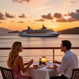 Caribbean Holidays, December Cruises, Couple enjoying a relaxed sunset dinner on a cruise ship overlooking the British Virgin Islands