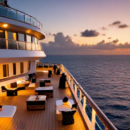 Caribbean Holidays, December Cruises, Elegant Caribbean cruise ship deck at sunset near Barbados, with warm lights, calm sea and passengers enjoying December evening