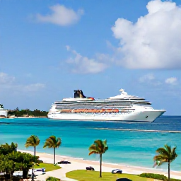 Caribbean Holidays, December Cruises, Luxury cruise ship approaching Bridgetown harbour in Barbados beneath a bright December sky, turquoise sea and palm-lined coastline