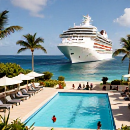 Caribbean Holidays, December Cruises, Passengers relaxing beside a cruise ship pool with palm trees, sunshine and calm blue sea in the background